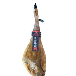 Jamón de Cebo de Campo Ibérico 50% Jamones Rodona, loncheado artesanalmente, con sabor equilibrado y aroma característico
