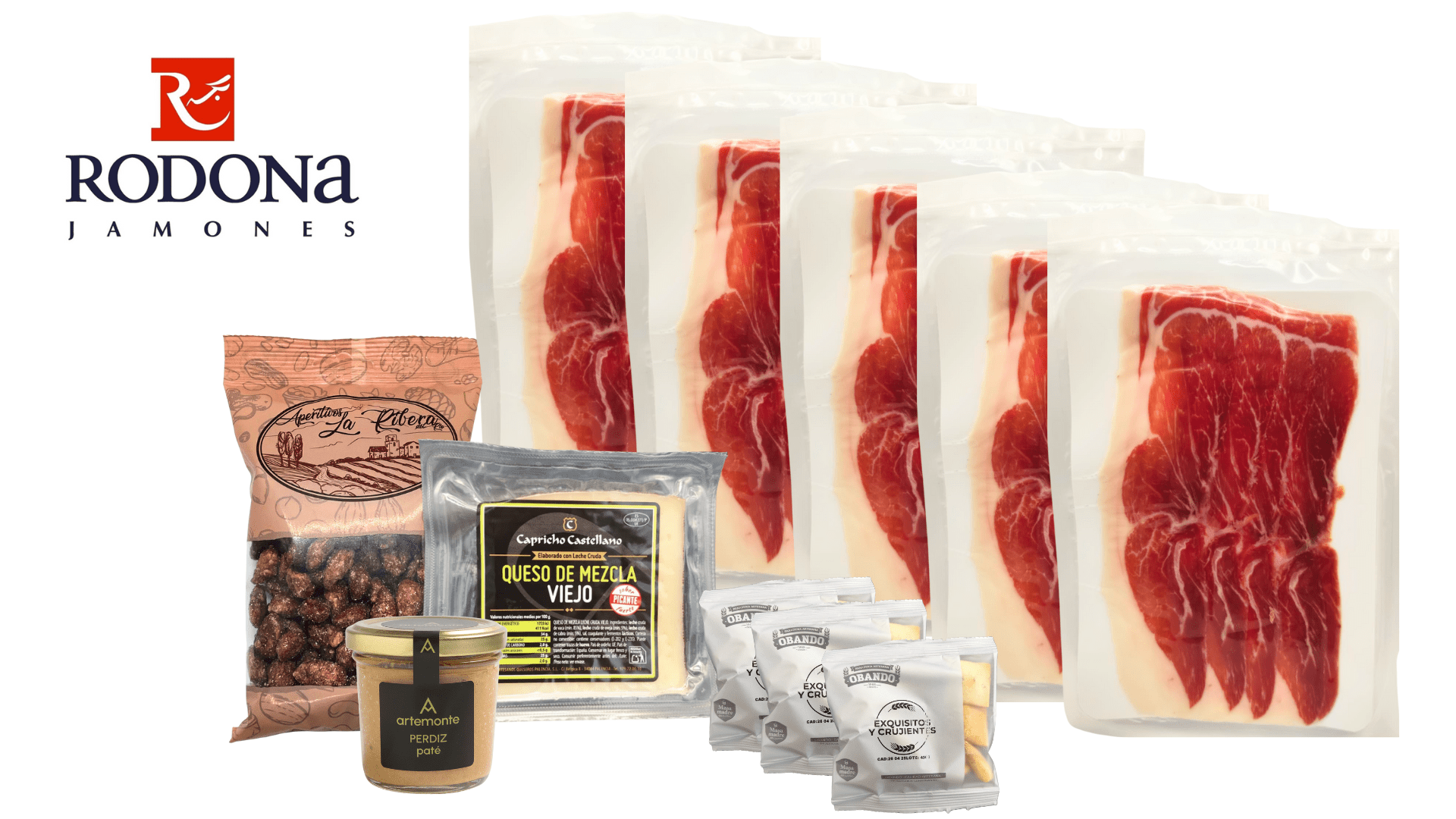 Lote paleta Duroc Jamones Rodona gourmet con queso, paté y piquitos